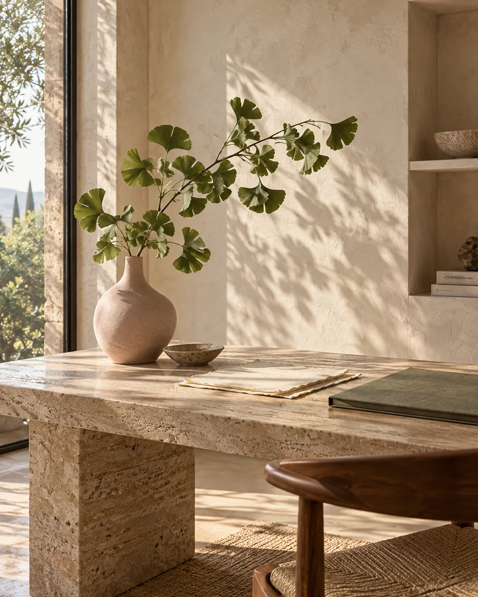 Sunlit travertine desk with a sculptural botanical arrangement and a sage linen portfolio