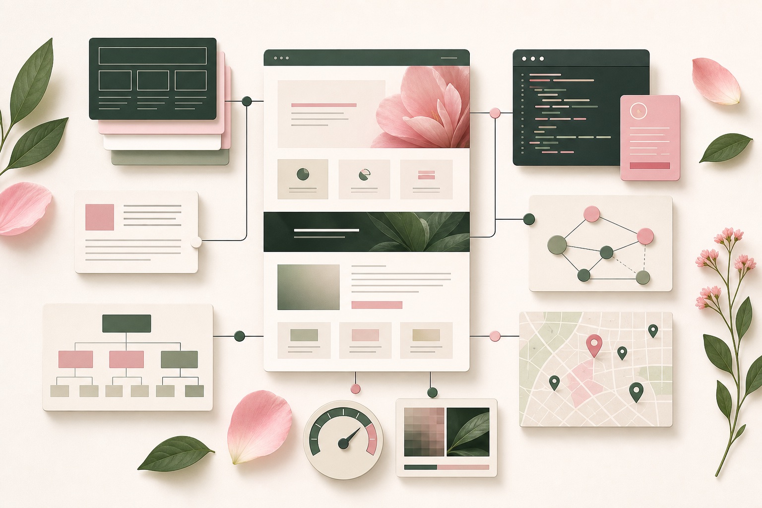 Abstract website architecture diagram with local service page cards, image modules, internal link paths, and sage green SEO structure details