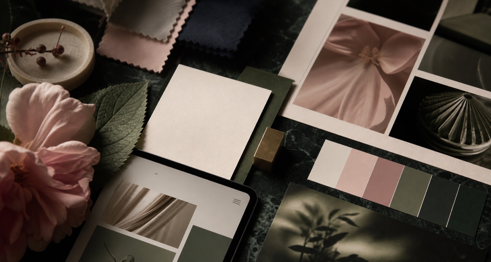 Luxury brand direction table with blush flowers, sage green swatches, web mockup fragments, and refined visual details