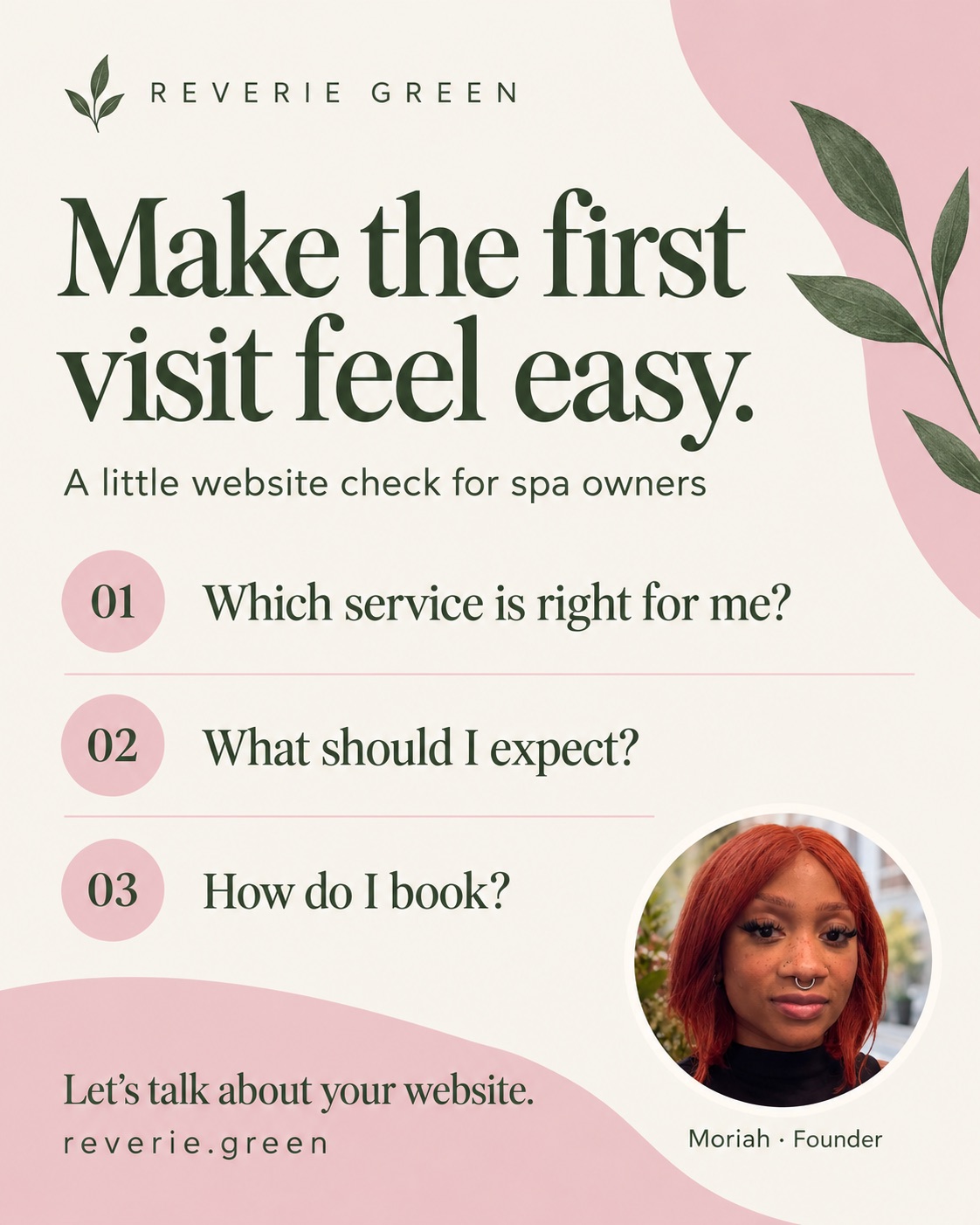 Spa website checklist with a small portrait of Moriah