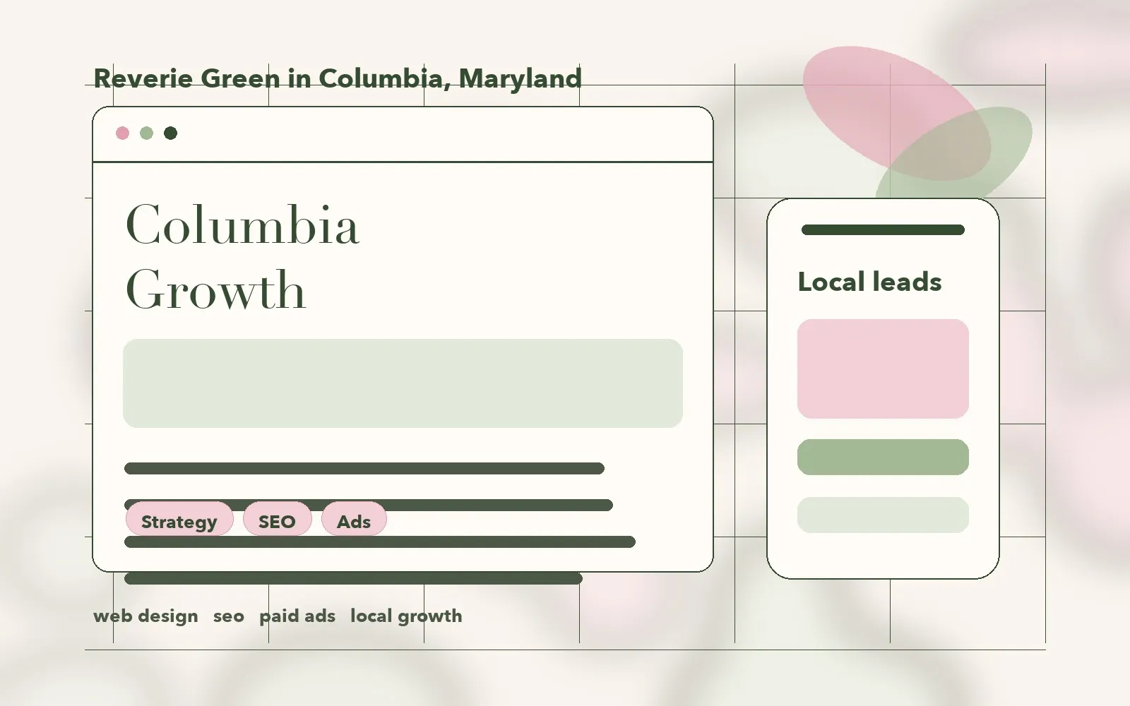 Reverie Green Columbia Maryland local growth website concept with SEO and paid ads panels