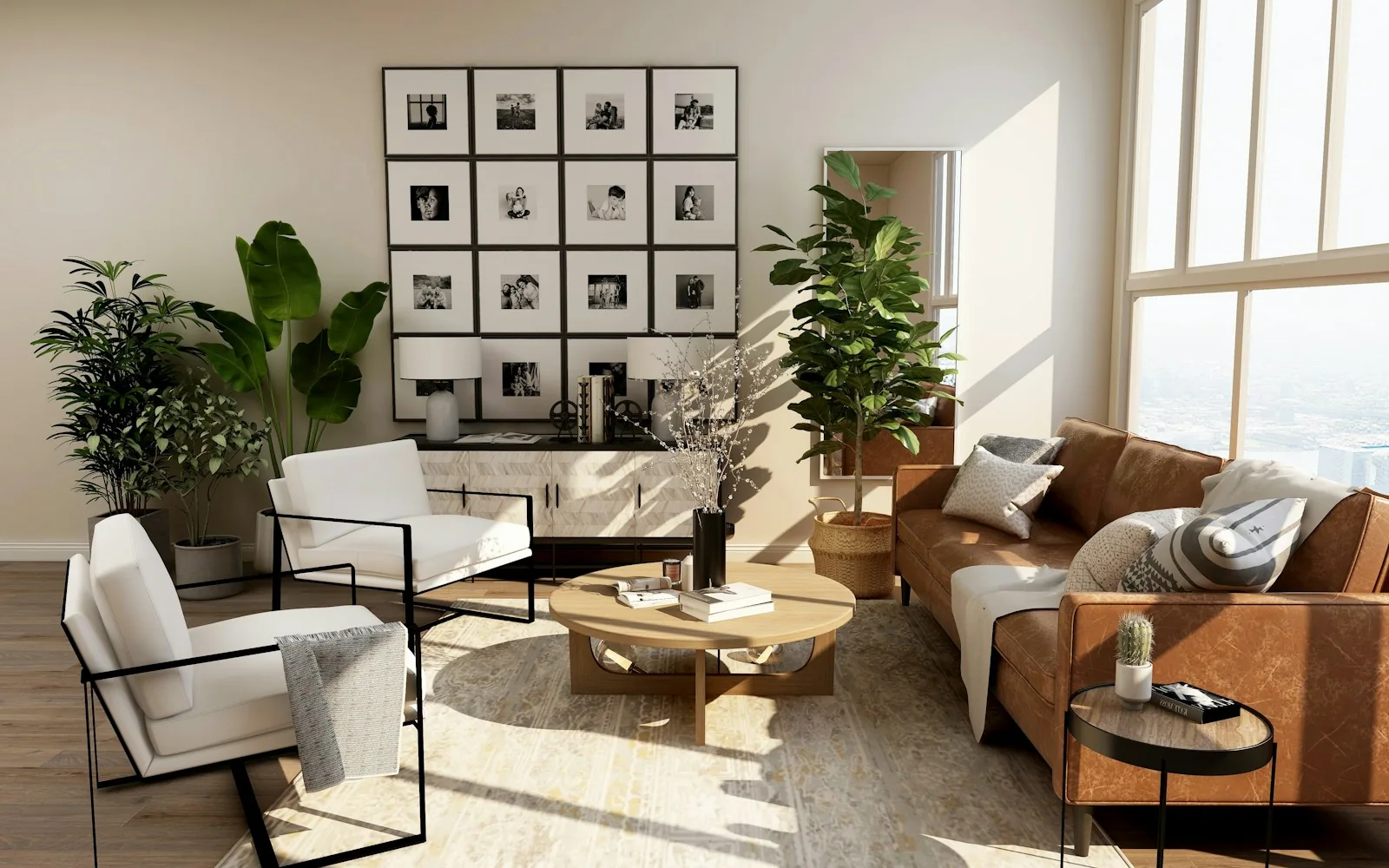 A sunlit living room with natural textures and considered furnishings