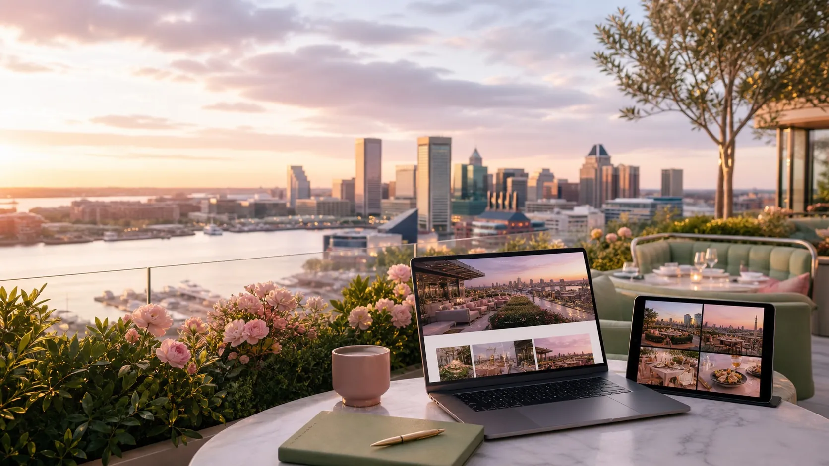 Elegant rooftop hospitality space at sunset with blush and sage website mockups for Maryland rooftop web design