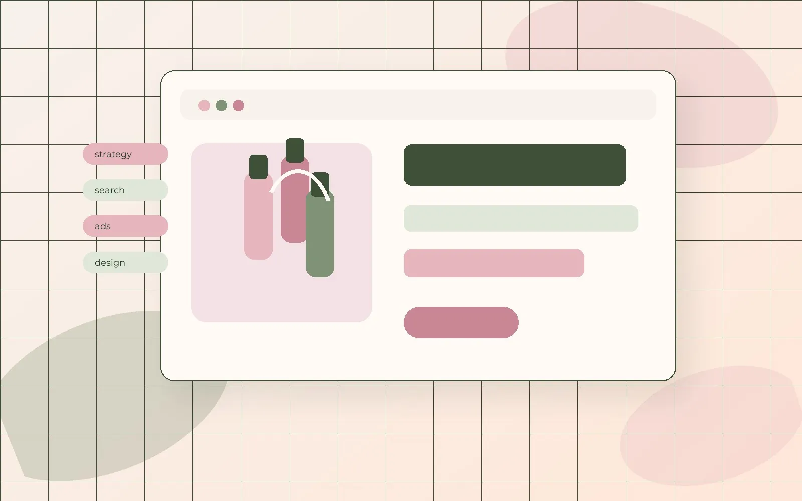 Editorial beauty studio website concept with nail salon SEO and paid ads strategy cards