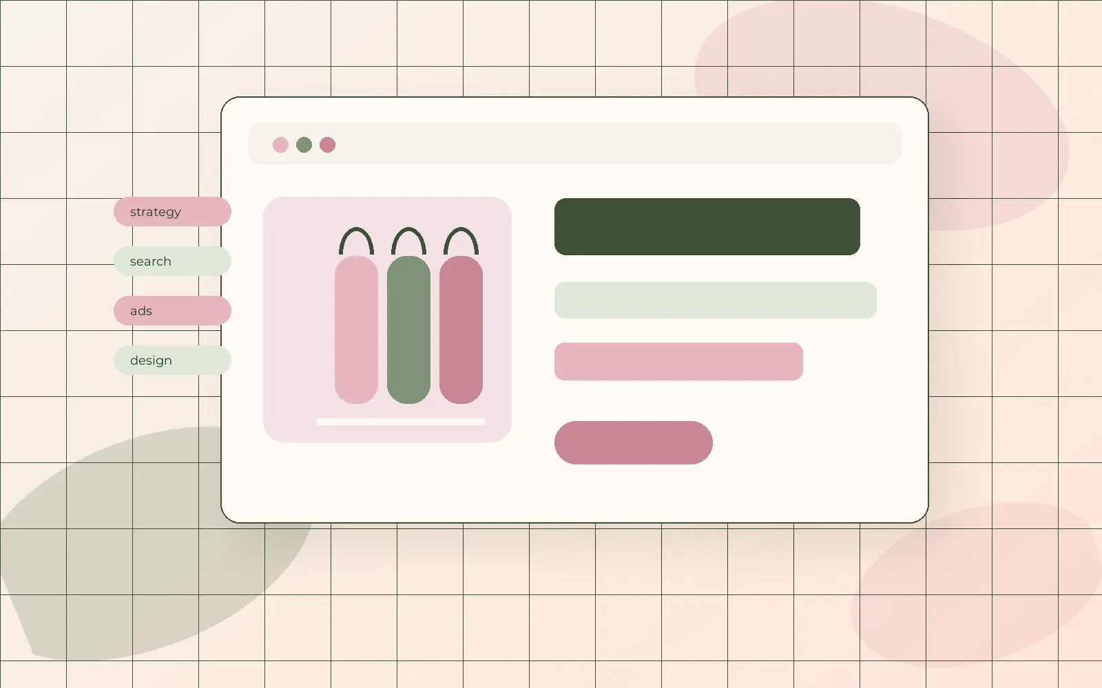 Boutique, florist, and event brand website concept with SEO and paid ads details