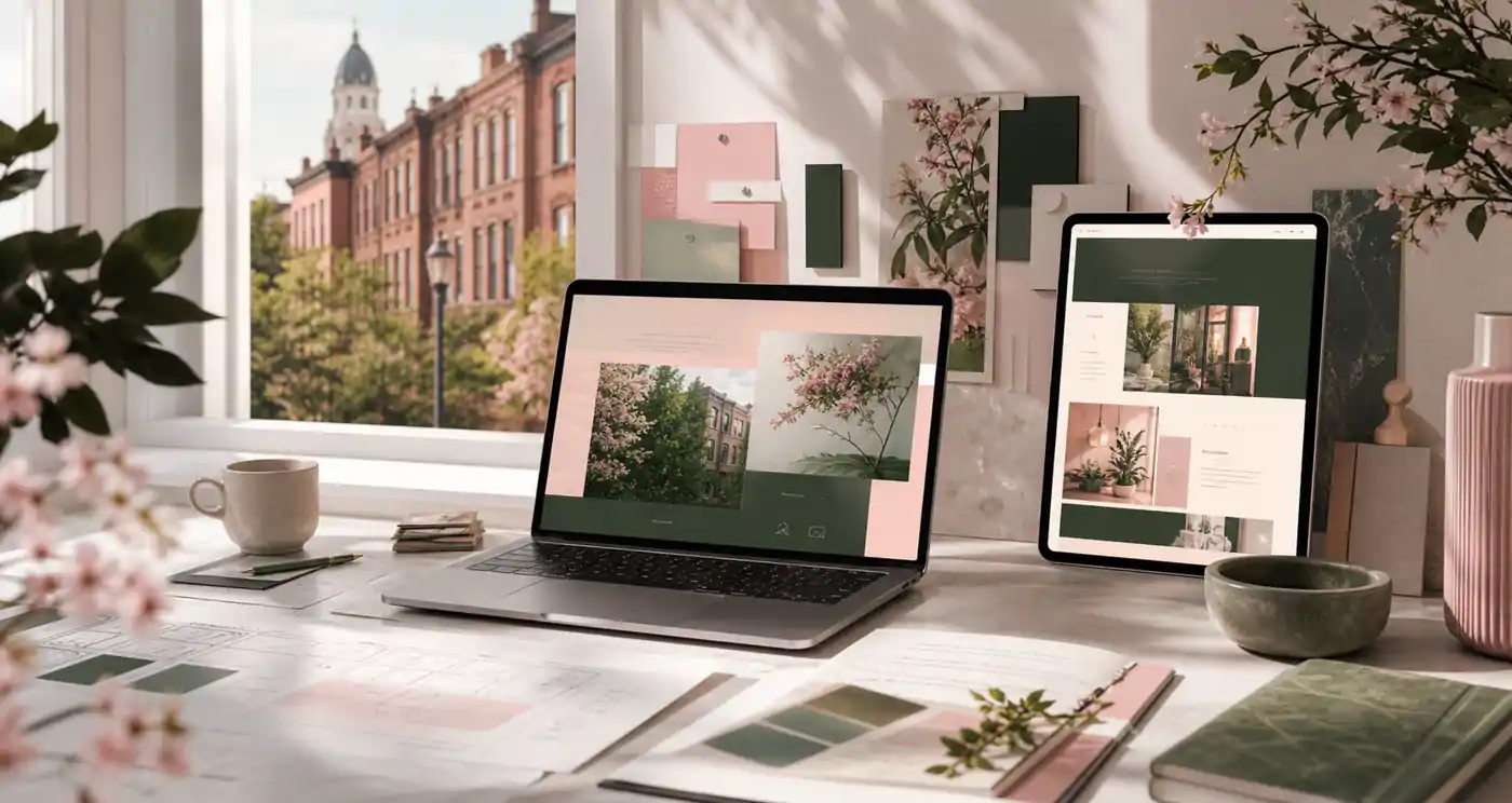 Editorial SEO-ready web design workspace with blush petals, sage green website mockups, Baltimore-inspired architecture, and local search planning notes
