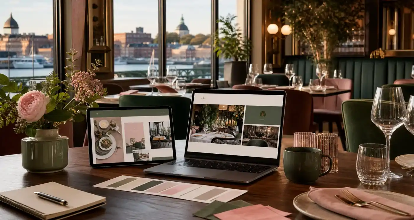 Polished Maryland restaurant website concept with warm dining imagery and Reverie Green styling