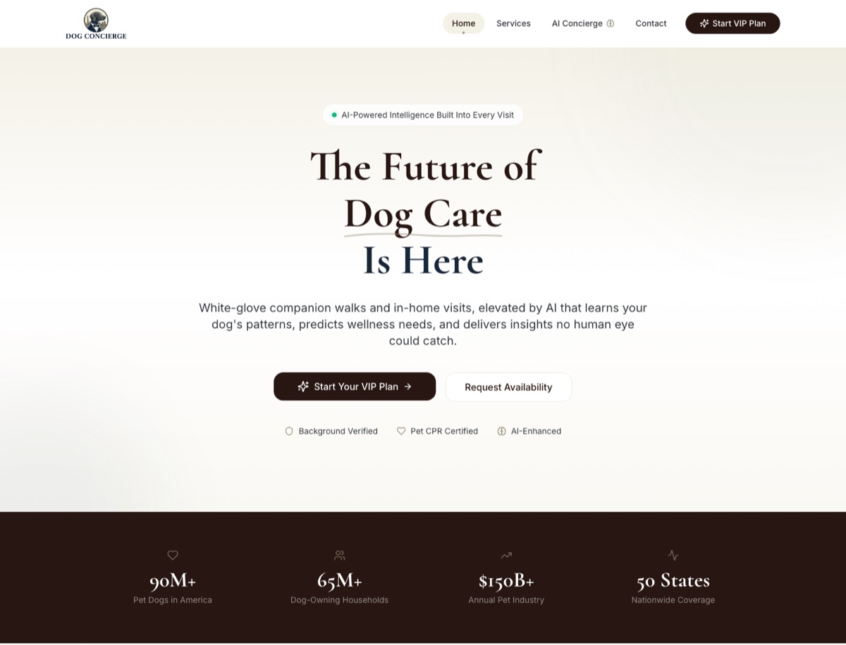 Homepage screenshot of Dog Concierge